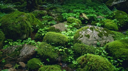 Lush green moss covering rocks near a stream in a forest.