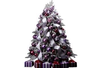 Artificial Christmas tree adorned with silver and red decorations, isolated on white background