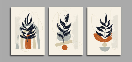 Set of three poster background with tropical leaf silhouette and abstract shape element. Suitable for background, poster, cover, flyer, wall art, home decor and other template.