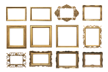 Antique brass vintage frames featuring intricate floral designs, isolated on white background