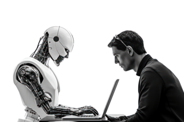 An overhead view of a human hand and a robot isolated on white background