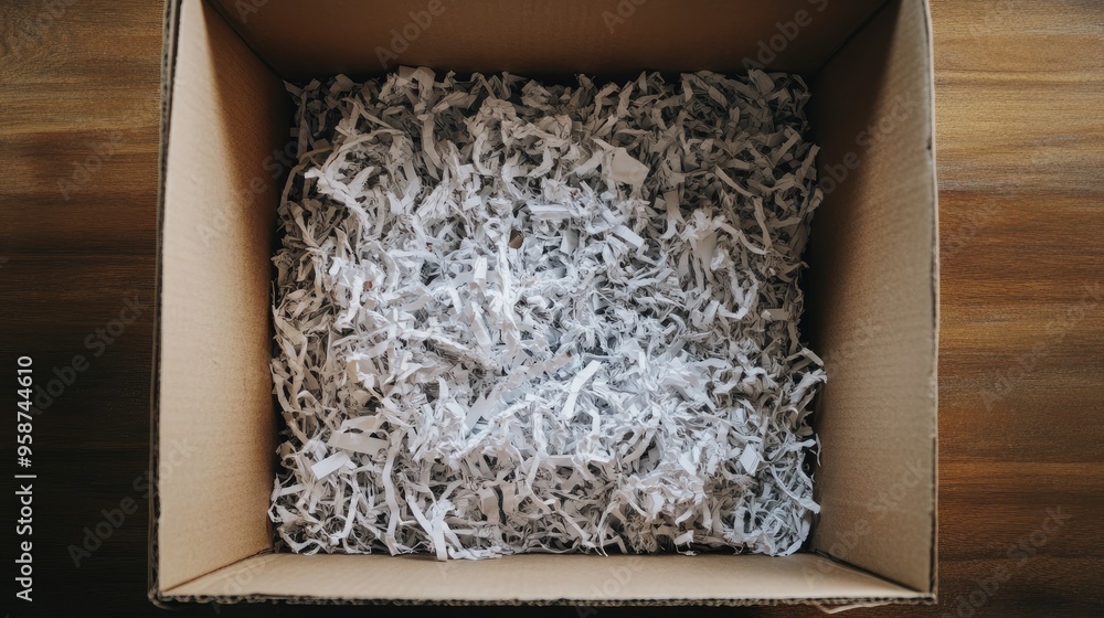 Poster top-down view of an open cardboard box filled with shredded paper, ready for secure packaging.