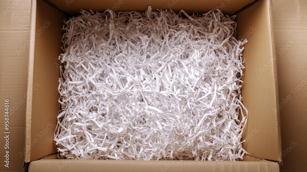Poster top-down view of an open cardboard box filled with shredded paper, ready for secure packaging.