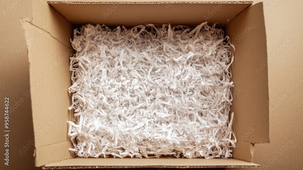 Poster top-down view of an open cardboard box filled with shredded paper, ready for secure packaging.