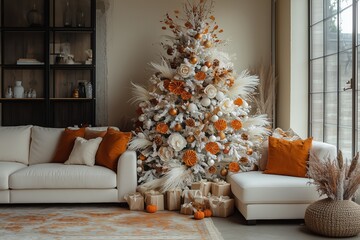 A close-up of a white Christmas tree decorated with dried orange slices, dry berries, cones, pampas grass, paper ornaments, and paper honeycombs in front of the sofa