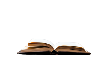 An open book lying on a polished wooden table , isolated on white background