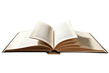An open book lying on a polished wooden table , isolated on white background