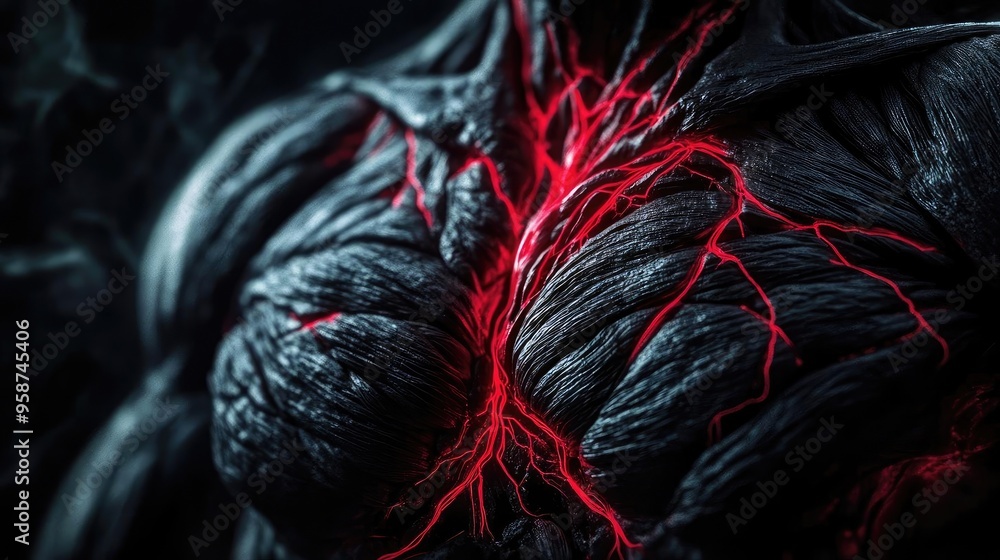Poster a close-up view of a muscular chest with a dramatic red light emanating from the cracks, creating an
