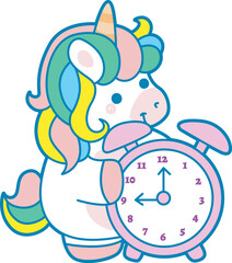 Illustration of cute unicorn activities icon.
Funny rainbow unicorn daily routine stickers.