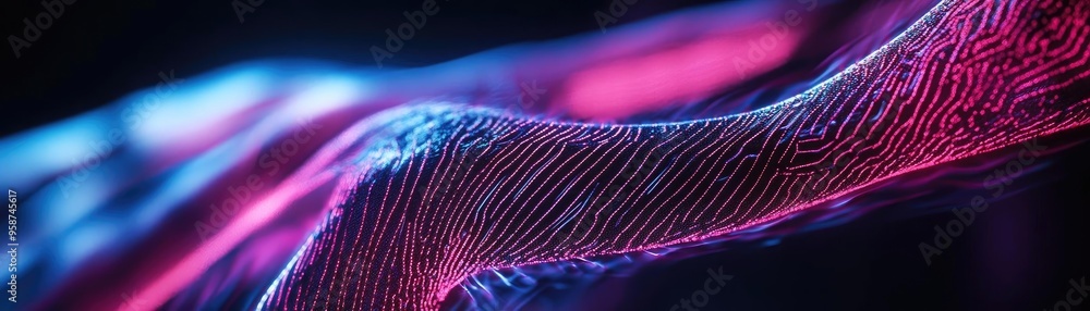 Poster A vibrant abstract display featuring flowing lines of light in pink and blue hues, creating a sense of movement and energy.