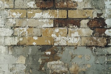 Weathered Brick Wall with Peeling Paint and Mortar