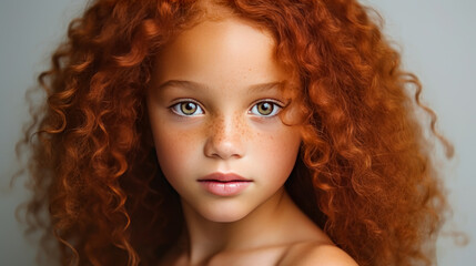Fototapeta premium Portrait of smiling cute African American child girl with red hair and perfect skin, white background, banner.