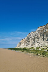 Peaceful Coastal Landscape with Majestic Cliffs and Sandy Beach on a Clear Summer Day