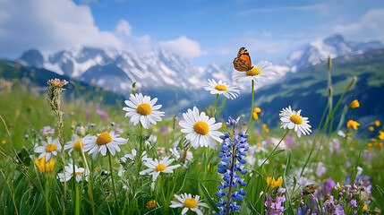 Schmetterling über blühender Alpenwiese mit Bergpanorama
