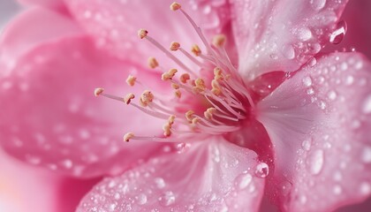 Fototapeta premium Cherry blossom pink flower macro photo closeup foliage petal nature background