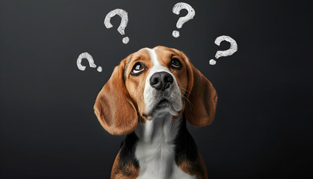 Funny Beagle dog and question marks on black background