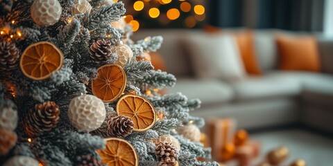 A close-up of a white Christmas tree decorated with dried orange slices, dry berries, cones, pampas grass, paper ornaments, and paper honeycombs in front of the sofa