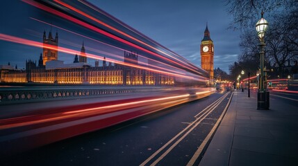 Fototapeta premium Nighttime View of the Houses of Parliament with Light Trails from a Passing Bus