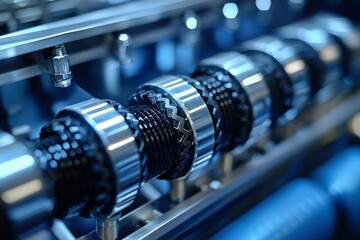 Close-up of Industrial Machine with Silver Gears and Black Rubber Components