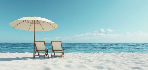 Empty beach scene with umbrella and chairs, perfect for capturing the essence of relaxation and peaceful getaways