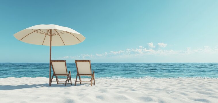 Empty beach scene with umbrella and chairs, perfect for capturing the essence of relaxation and peaceful getaways