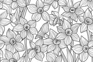 A beautiful seamless pattern of line-drawn daffodils, showcasing their intricate petals and graceful stems, perfect for art and design projects.