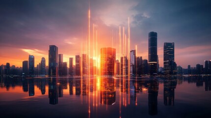 Fototapeta premium Cityscape at Sunset with Light Beams and Reflections