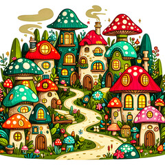 A playful design featuring a small village of mushroom houses minimalist vector art illustration images on a white background.
