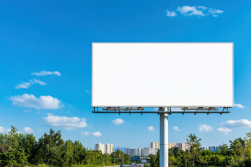 Fototapeta premium Blank billboard against a blue sky with clouds, offering space for advertising, positioned above trees and buildings.