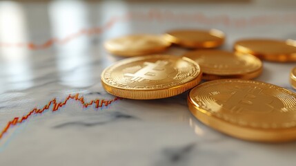 Coins are spread across a polished marble table, reflecting light as a faint graph indicating market fluctuations is visible in the background, suggesting financial dynamics