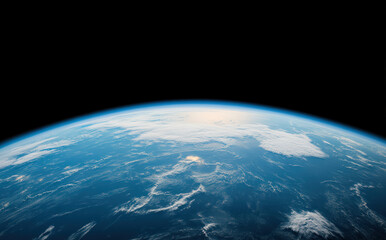 Curved view of Earth from space, showing blue oceans, white clouds, and landmasses against a black sky.