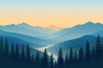 Obraz premium Misty mountains at sunrise with layers of pine trees and a river winding through the valley, creating a calm and serene scene.