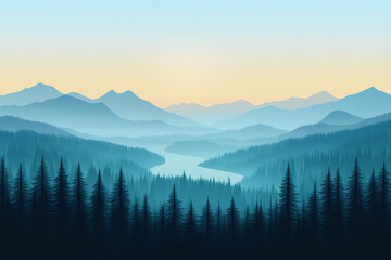 Obraz premium Dawn over misty mountains with layers of blue hills, a river, and pine trees, creating a calm and serene scene.