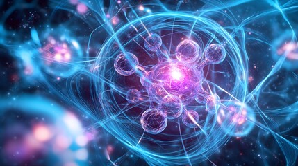 59. Futuristic artistic view of a central nutrient atom with radiant, swirling molecular structures