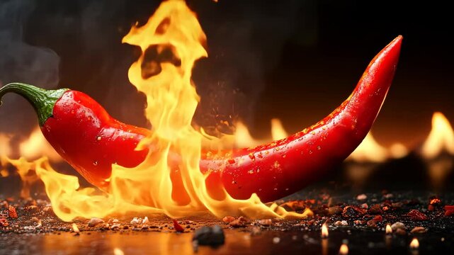 Burning red hot chili pepper surrounded by flames