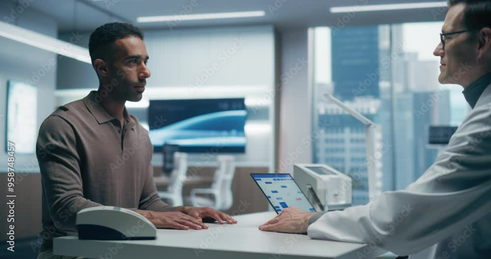 Aufkleber Specialist Physician Discusses Health Data With a Male Patient in a High-tech Medical Lab, Utilizing Advanced Equipment and Digital Tools for Precise Analysis in a Modern Hospital Setting.