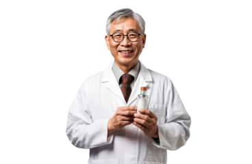 Portrait of a smiling senior doctor holding a bottle of medicine, isolated on transparent background.