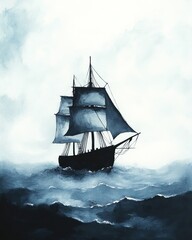 Obraz premium A majestic ship sailing through turbulent waters under a cloudy sky, evoking adventure and exploration in a serene atmosphere.