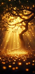 A mystical tree bathed in golden light, surrounded by glowing particles that create an enchanting and serene atmosphere.