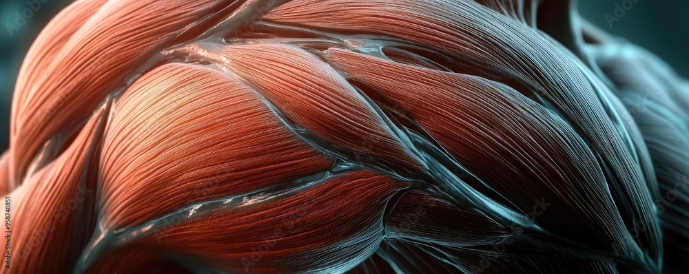 Poster close-up view of human muscle tissue showcasing intricate fiber structures and dynamic textures in v