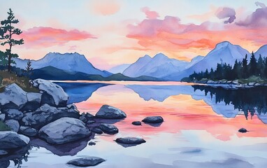A serene landscape of mountains reflecting on calm waters at sunset, framed by rocky shores and colorful skies.