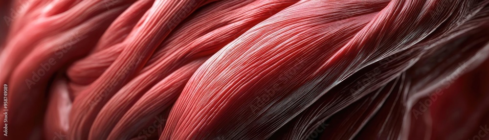 Poster Close-up view of intricate muscle fibers showcasing shades of red and texture in a dynamic composition.