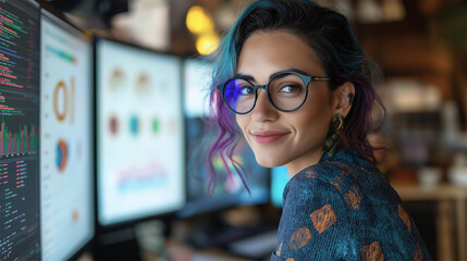 Confident Female Data Analyst Working on Multiple Screens in Modern Office Setting
