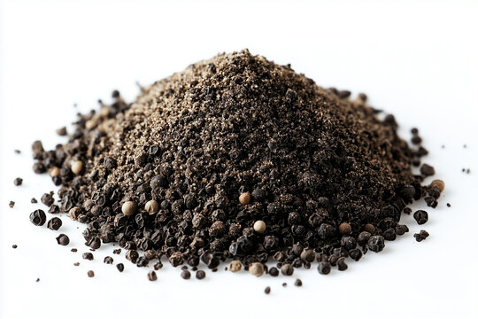 Minced black pepper, ground peppercorn pile on a white background