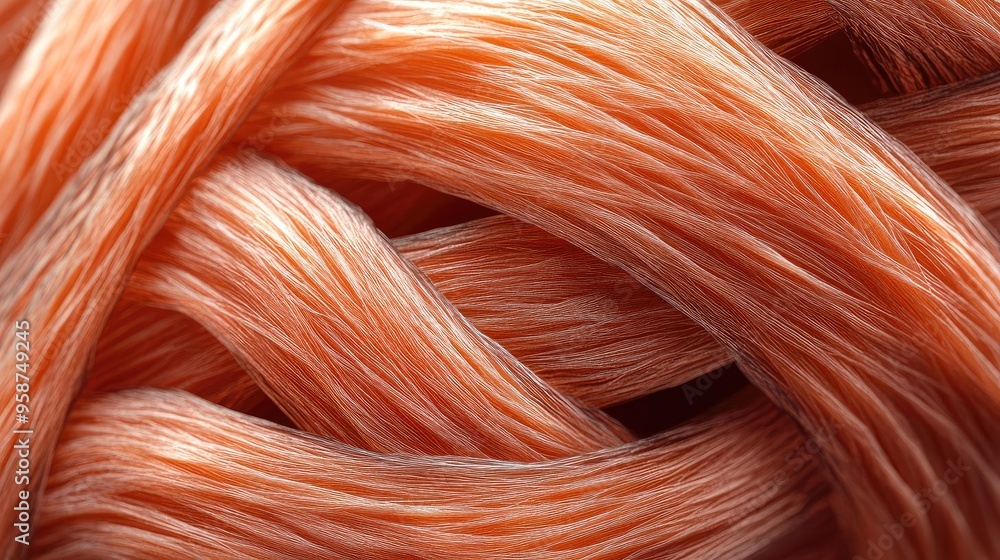 Poster Close-up of intertwined strands showcasing vibrant peach color and smooth texture, ideal for design and artistic projects.
