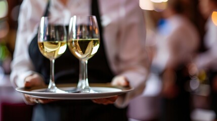 Waiter carrying a tray of wine glass in a luxury wine party