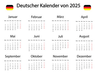German calendar of 2025, German calendar for 2025 year, 2025 German calendar vector.