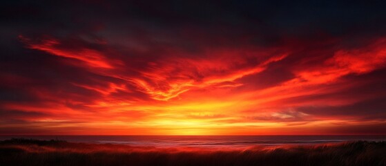 Spectacular sunset over the ocean, showcasing vibrant red and orange hues against a darkening sky, perfect for tranquil scenes.