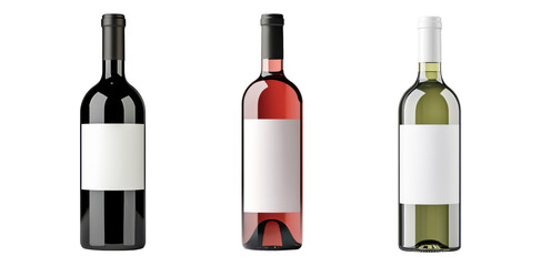 Three elegant wine bottles featuring blank labels isolate on transparent background, cutout, png