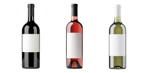 Three elegant wine bottles featuring blank labels isolate on transparent background, cutout, png